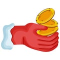 icon of Santa Claus\' hand holding a handful of gold coins of various shapes in his palm Royalty Free Stock Photo